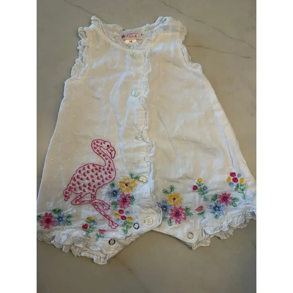 Cotton Kids Baby Girl Romper Embroidered Floral Flamingo Swiss Dot 9 Months